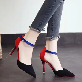 

2019 new women's baotou sandals sexy buckle pointed stiletto word color matching suede versatile high heels