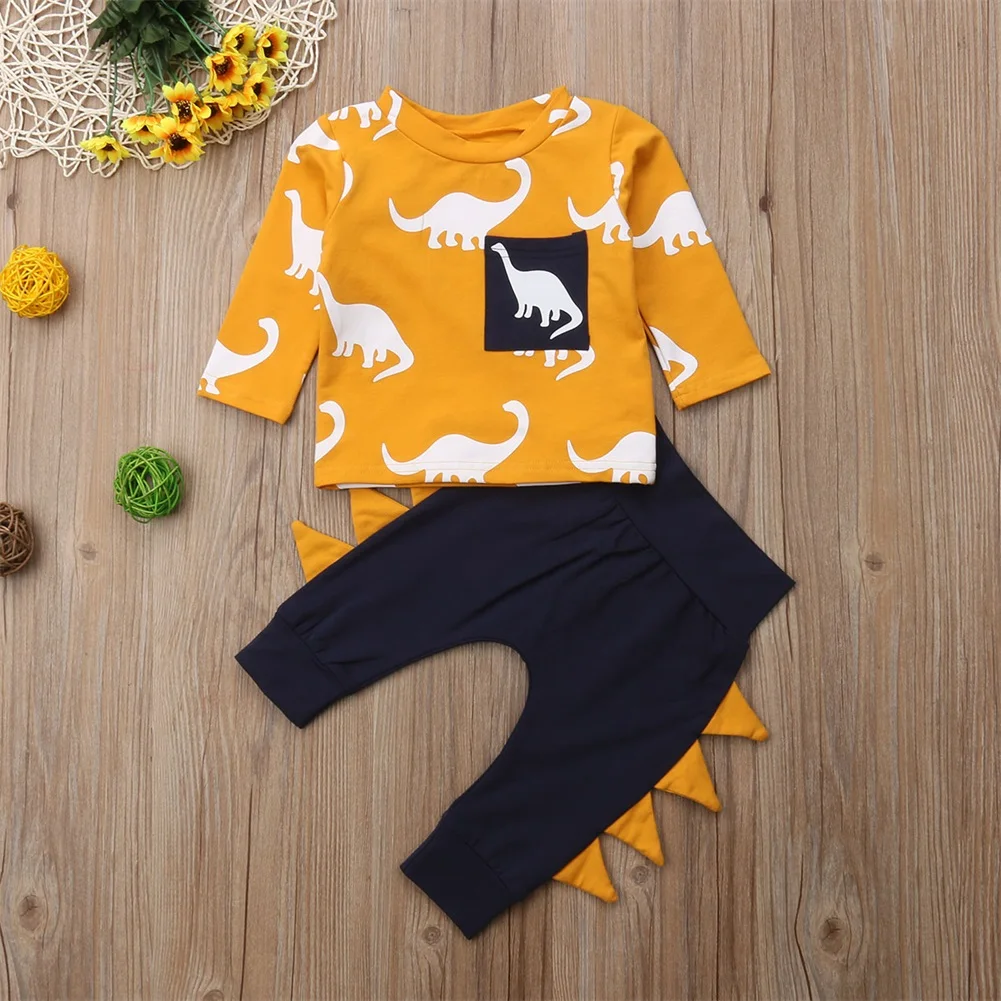 Одежда для малышей пуловер для маленьких мальчиков футболка+ штаны, штаны с динозавром, комплект из 2 предметов Размер От 0 до 3 лет