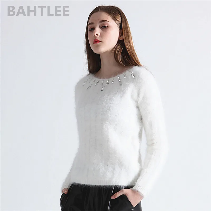 BAHTLEE Autumn Winter Women Angora Jumper Long Sleeve Knitted Stripes Pullovers Sweater Keep Warm Handwork Diamond White