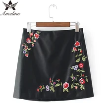 Amzline 2017 Vintage Floral Embroidery Leather Skirts High Waist Sexy saia A-Line Short Skirts Womens PU Bodycon Pencil Skirt
