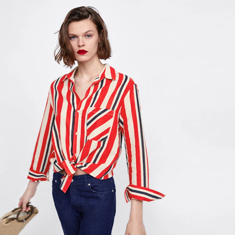 

Red white striped long sleeve oversize button up blouses women ladies stylish casual plus size asymmetric hem shirts tops