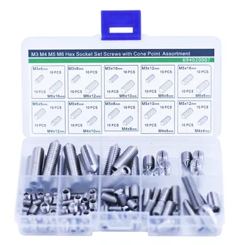 

Hex Socket Set Screws with Cone Piont Assortment Kit,Stainless Steel,200 pieces