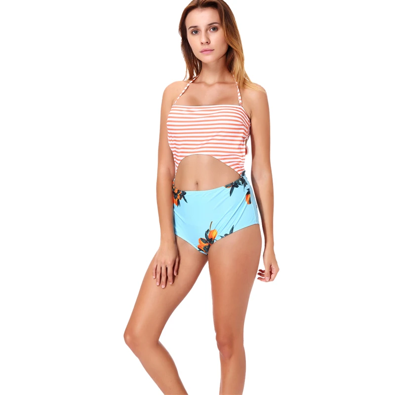 LELINTA One Piece Swimwear Women Hollow Sexy Swimsuit Striped Monokini Halter Bandage Bathing Suit Female Padded Swimming Suit