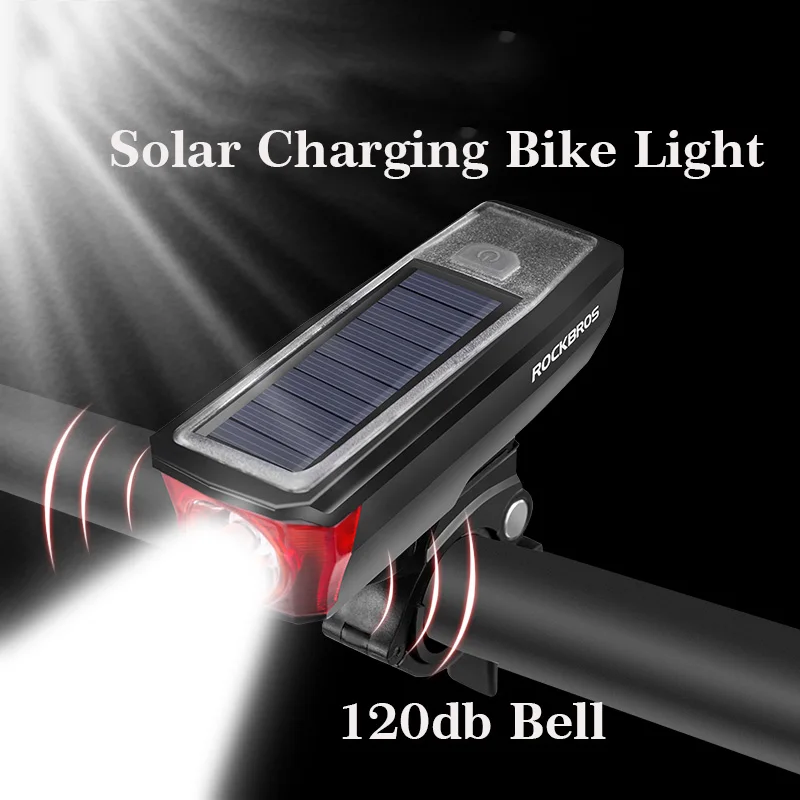 Perfect ROCKBROS IPX4 Waterproof Bike Bell 120 dB Smart Switch Multiple Modes Bicycle Headlights 2000 mAh USB Solar Charging Bike Light 1