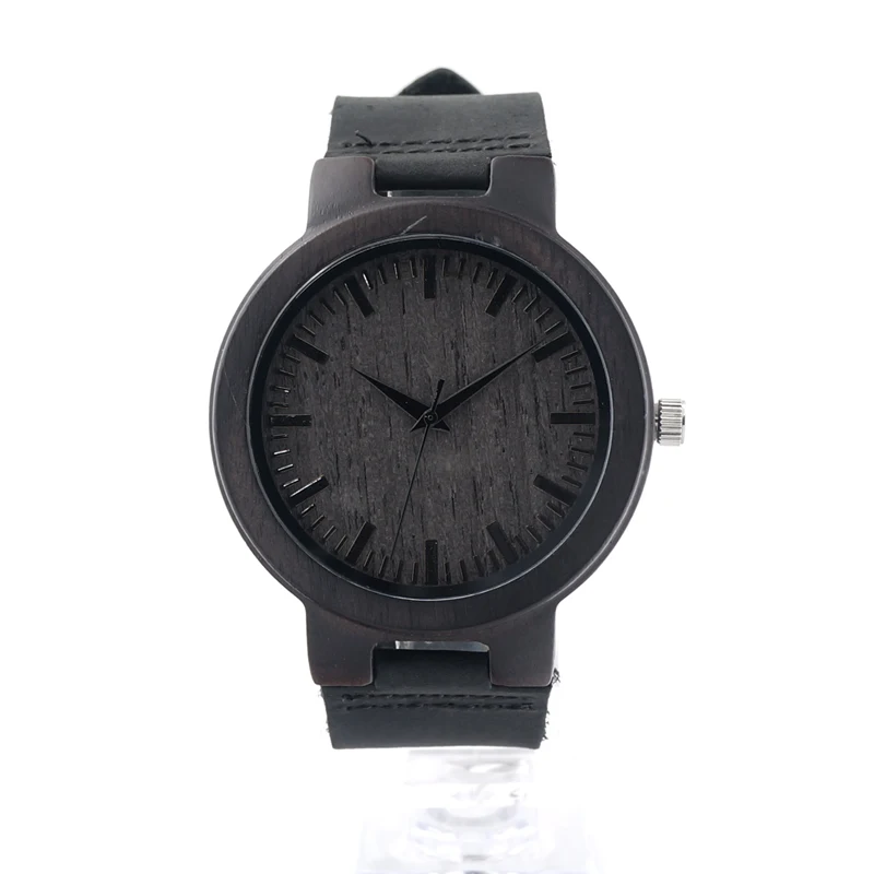 BOBO BIRD C27 Antique Black Sandalwood Wood Watch Mens Quartz Watch with Black Leather Strap Montre