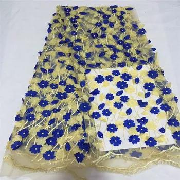 

Yellow+blue African french lace mix cord lace borders tulle fabric with 3D Appliques stones 5 yards