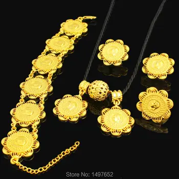 

New Arrival Gold Ethiopian Coin Jewelry Sets 24K Gold Color Necklace/Pendant/Earring/Ring/Bnagle African Bridal Wedding Jewelry