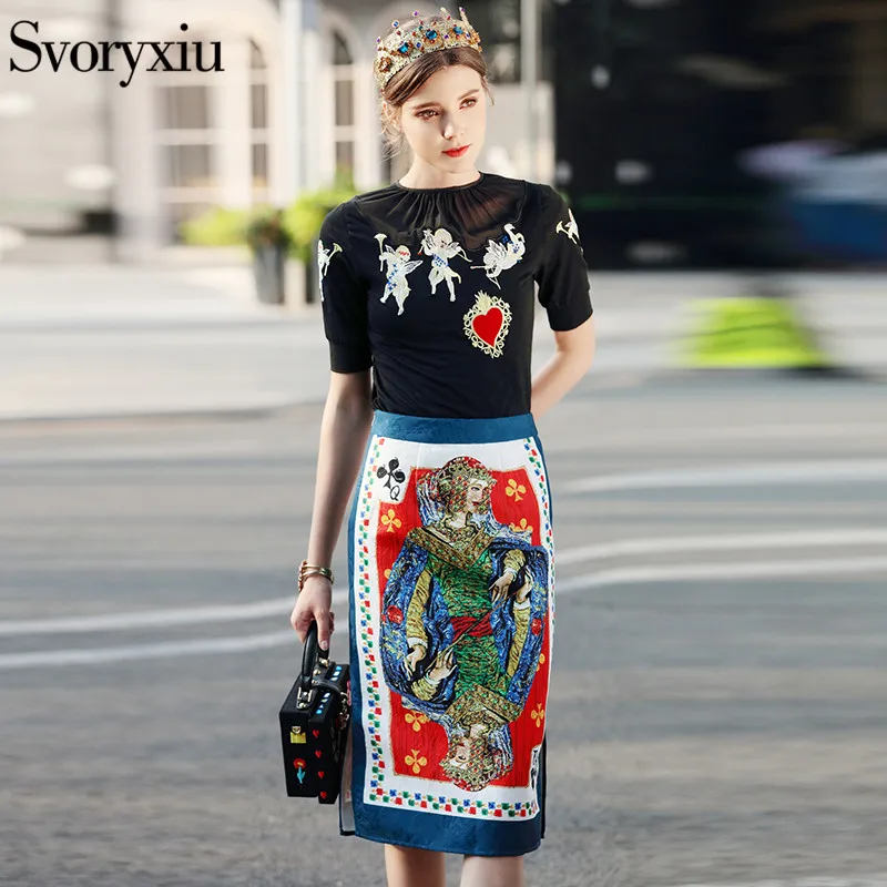 Женский костюм с жаккардовой юбкой Svoryxiu, черный костюм из футболки с вышивкой и юбки средней длины с принтом на лето