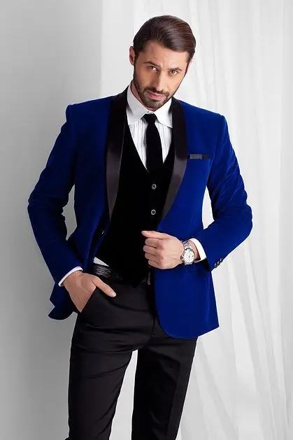 

Latest Coat Pant Designs Royal Blue Groom Tuxedos Black Shawl Lapel 3 Piece Mens Wedding Prom Party Suits(Jacket+Pants+Vest)