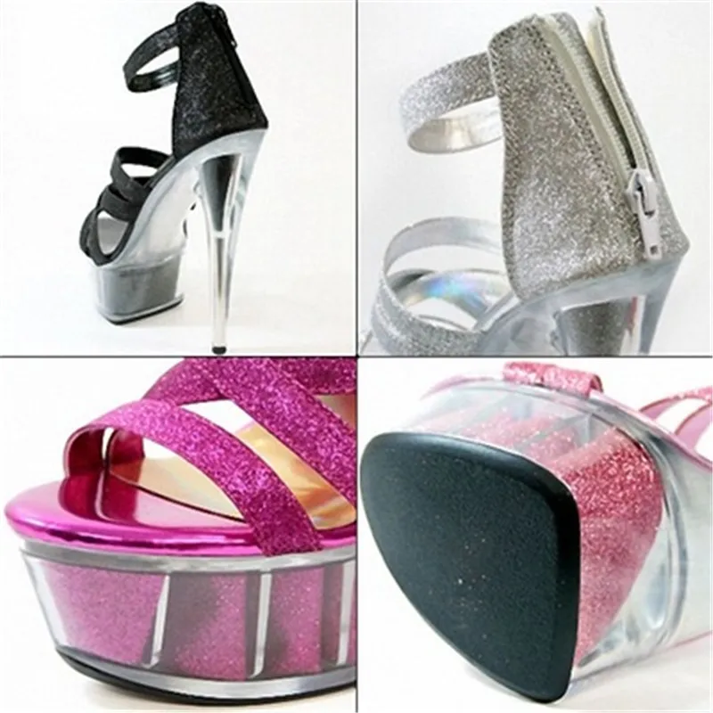 New style, beautiful transparent platform sequins upper heels, 15cm sexy model sandals, pole dancing shoes