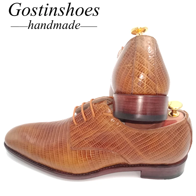 Goodyear Welted Men Derby Shoes Brown Upper Cow Leather Lizard Skin Printed Dress Formal Business Party Wedding Shoes gstn16 Goodyear Welted Men Derby Shoes Brown Upper Cow Leather Lizard Skin Printed Dress Formal Business Party Wedding Shoes gstn16