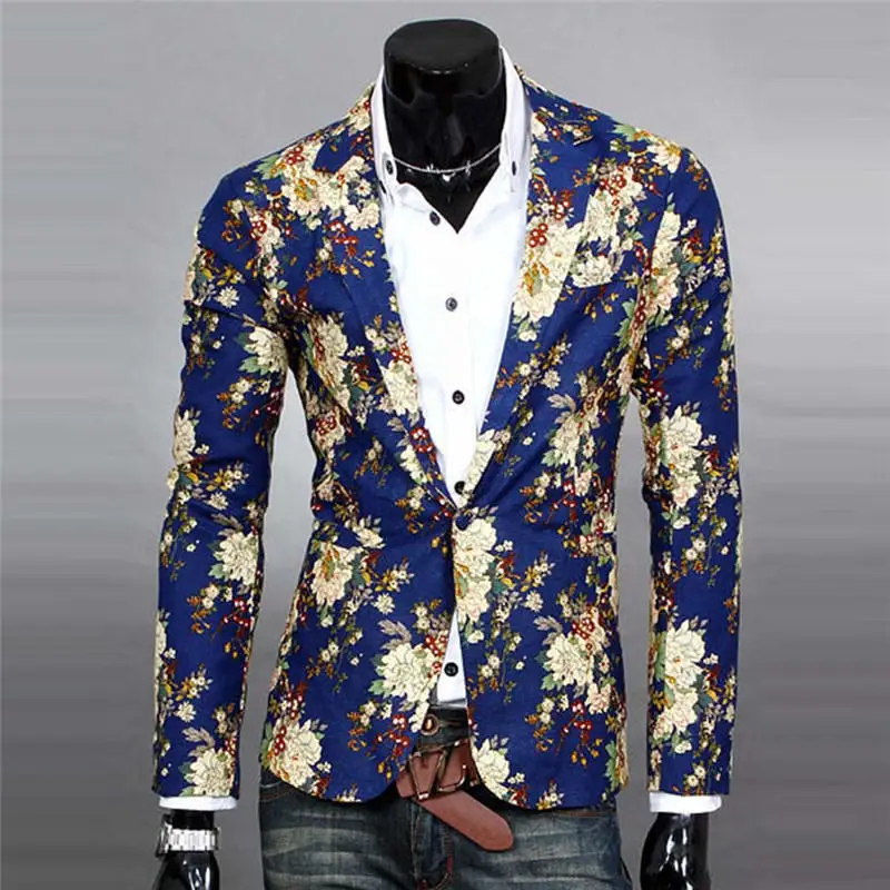 Mens Floral Suit Blazer Jacket Coat Slim Fit Linen Printed Flower ...