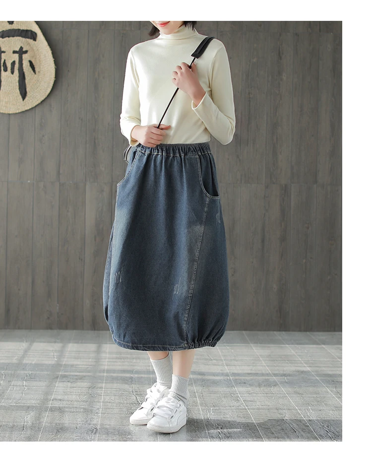 Spring Autumn Skirt Fashion Women Large size Denim skirt New Ladies Elastic Waist pocket Bleached Mori girl Casual Loose skirt