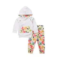 2 шт. для новорожденных Одежда для детей; малышей; девочек цветок толстовки + штаны Цветочный наряд комплект Комплекты одежды для девочек