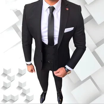 

New Design Two Button Black Groom Tuxedos Notch Lapel Groomsmen Best Man Mens Wedding Suit (Jacket+Pants+Vest+Tie) W:281