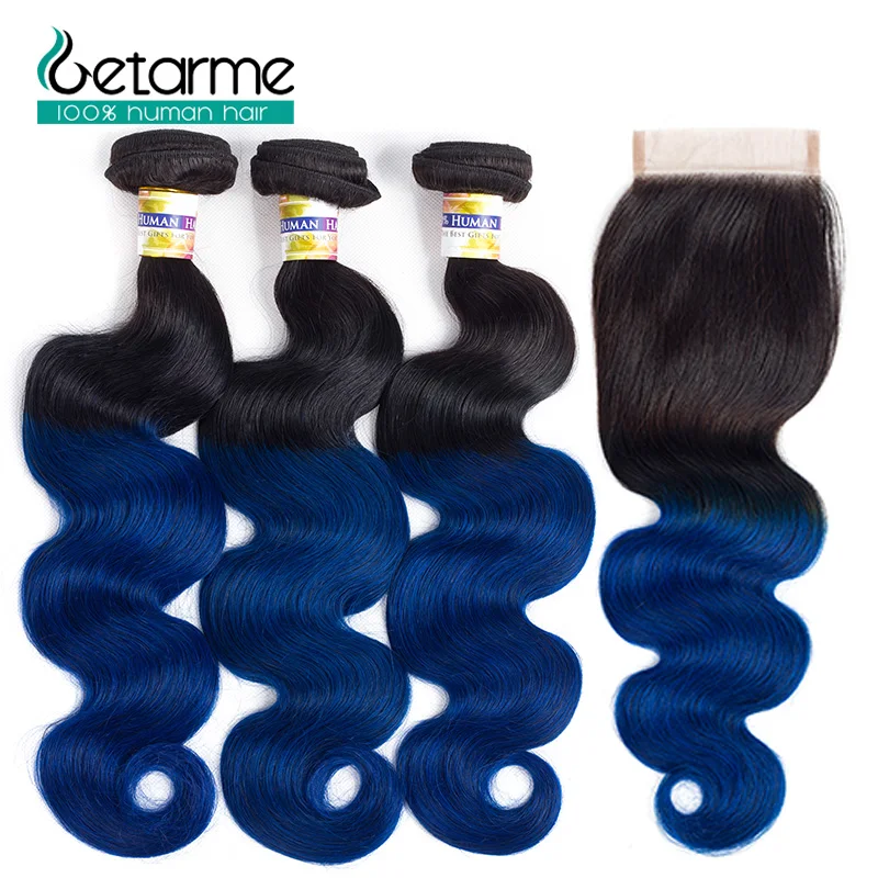 

Ombre Pre-Colored 1b/blue Brazilian Body Weave Hair 3 Bundles With 4*4 Lace Closure 100% Human Hair None Remy Getarme