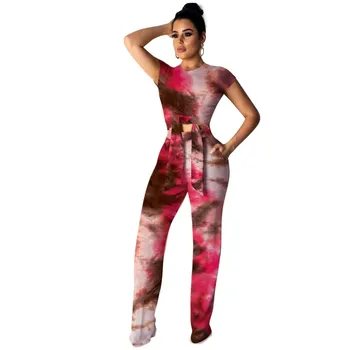 

Summer Tie Dye Print Two Piece Set Elegant Wide Leg Pants Women Set Casual Club Outfits Overalls