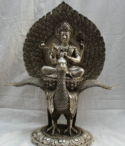 

JP S0524 19 Chinese Buddhism silver 4 Hands Kwan-yin Guan Yin Goddess seat phoenix Statue