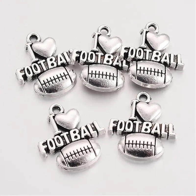 

20Pcs Antique Silver Tibetan Style Alloy Hobby Pendants, Rugby with Word I Love Football, Cadmium Free & Lead Free 20.3x18.4x3mm