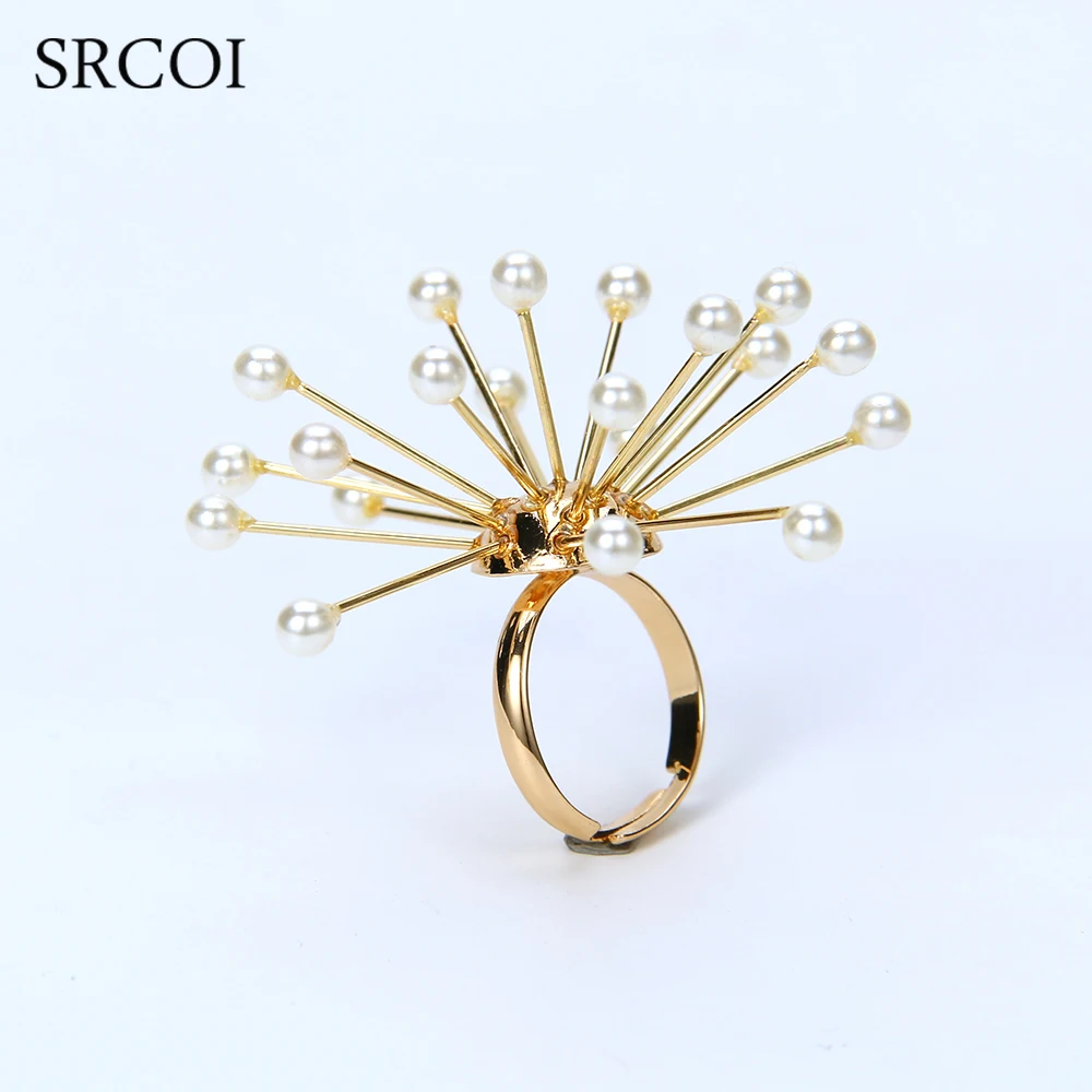 SRCOI, имитация жемчуга, фейерверк, цветок, кольца для женщин, преувеличены, нежный золотистый цвет, женские вечерние, свадебные, регулируемые, открытые кольца