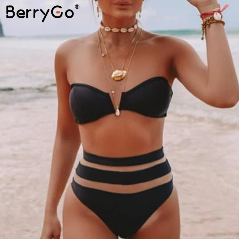 BerryGo بيكيني للشاطئ النساء مايوهات مثير 2 قطعة ارتداءها شبكة مخطط الإناث playsuit انظر من خلال الأسود bodycon ارتداءها 2019