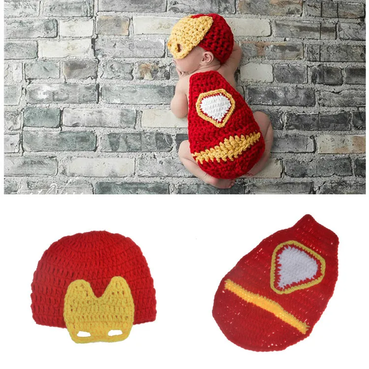 

knitted suit newborn baby photography accessories dress up suits America hero iron man cloak costume