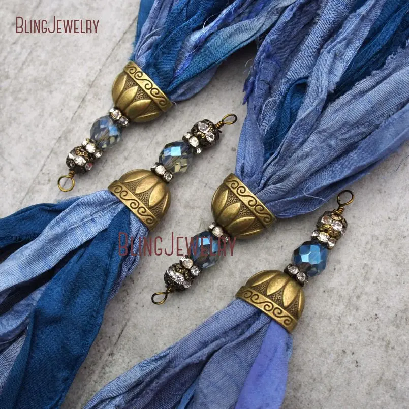 20171213-PM9150- Blue Shades Sari Silk Tassel Pendant  Antique Bronze Color Plated