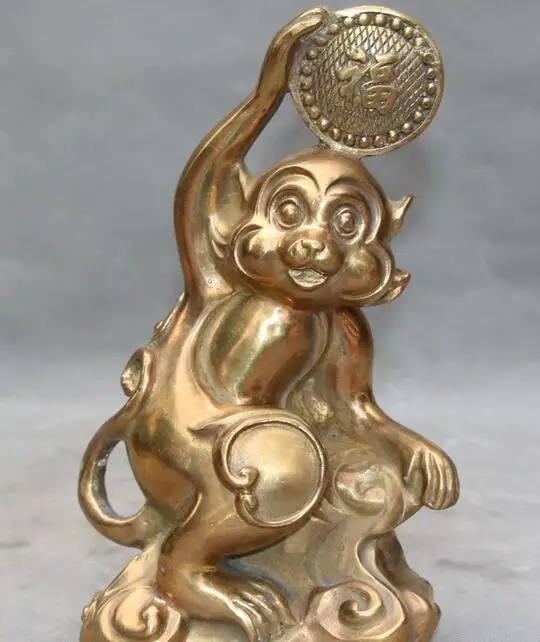 

8" Chinese Folk Feng shui Bronze Wealth Money Zodiac Year Animal Monkey Statue