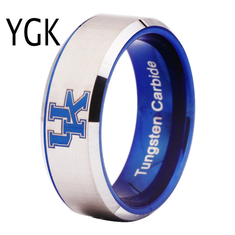 

Free Shipping Customs Engraving Ring Hot Sales 8MM Blue With Shiny Edges UK Design Tungsten Wedding Ring
