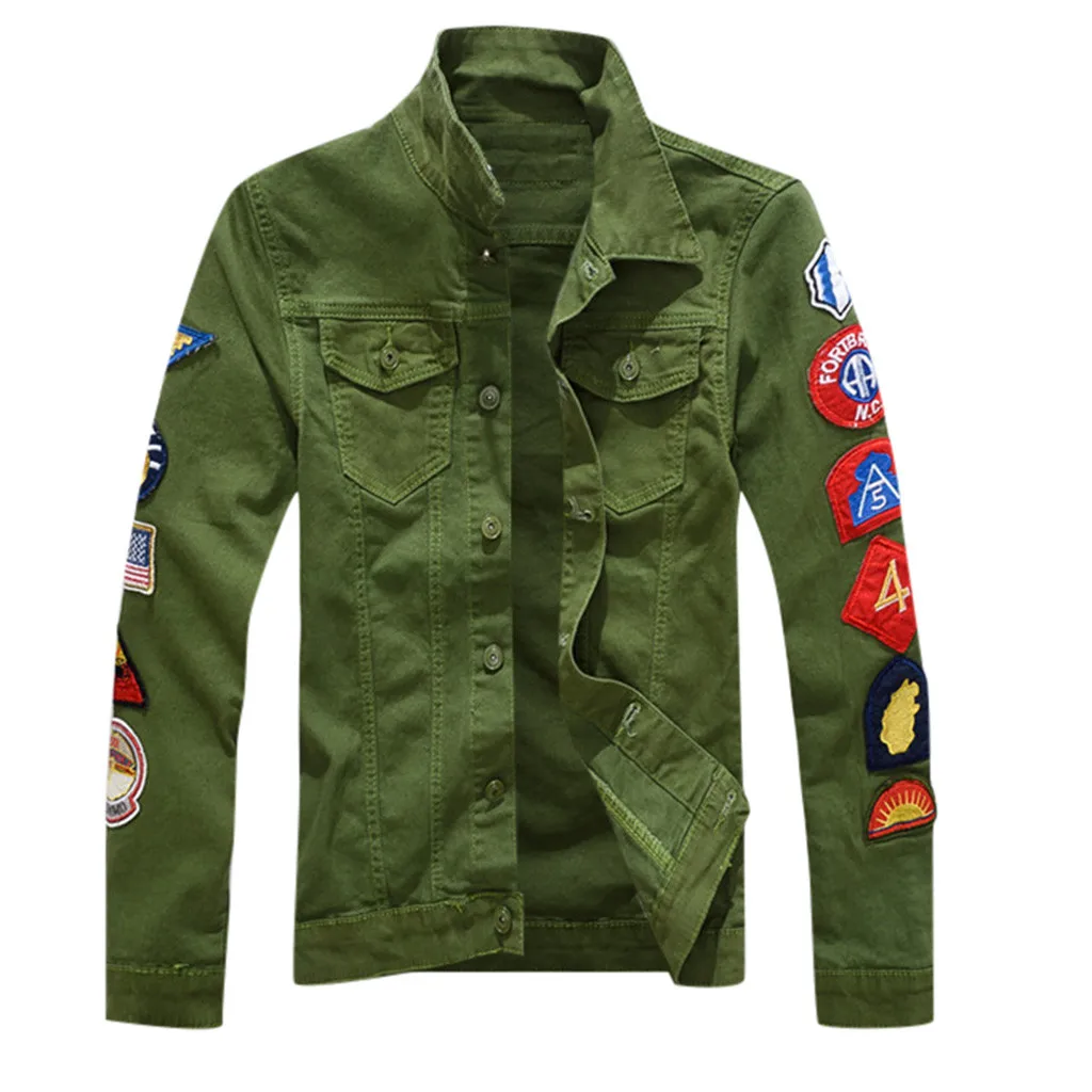 Feitong Winter Autumn Jacket Men Casual Long Sleeve Turn-down Collar Printed White Green Denim Male Jackets Coat