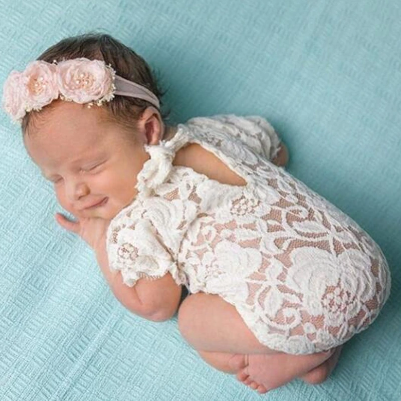 

KLV Baby Photography Props Lace Costume Newborn Baby Girls Romper Headband Infant Outfit