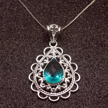 

Glorious Natural Unique Green Topaz925 Sterling Silver Color Charms Pendant Chain Necklace 20 Inch