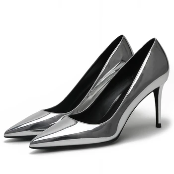 

New 2020 Spring High Heels Pointed Toe Dress Shoes Office Lady Thin Heels Sliver Sexy Woman Shoes Pumps F0048