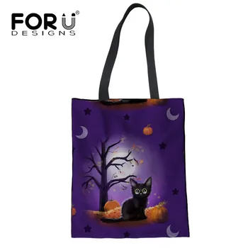 

FORUDESIGNS Halloween Cats Printed Reusable Shopping Bag Casual Women Shopper Tote Bag Handbag Student Book Bags Foldable Bag