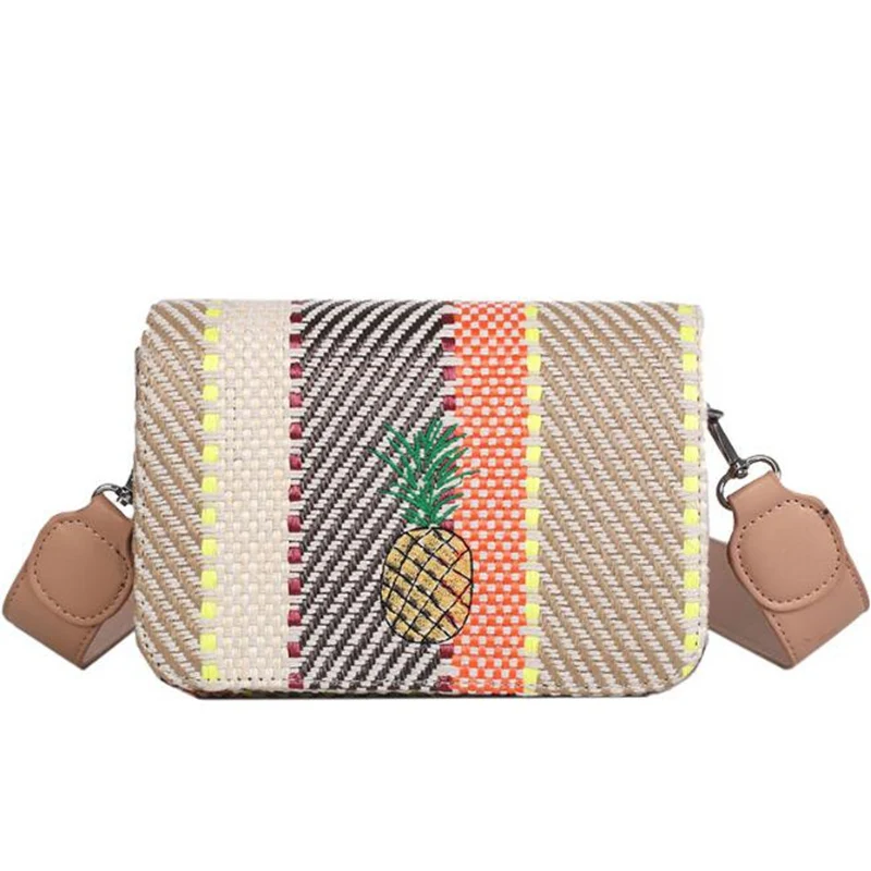Летние новые женские сумки через плечо в Корейском стиле полосатая соломенная сумка винтажная вышивка ананас Smallholuder сумка-мессенджер с клапаном