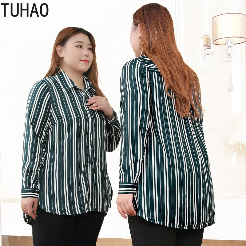 TUHAO Plus Size 10XL 8XL 6XL Women Striped Blouse Shirt Blouses for Office Lady Shirts Casual Tops Femme Blusas | Женская одежда