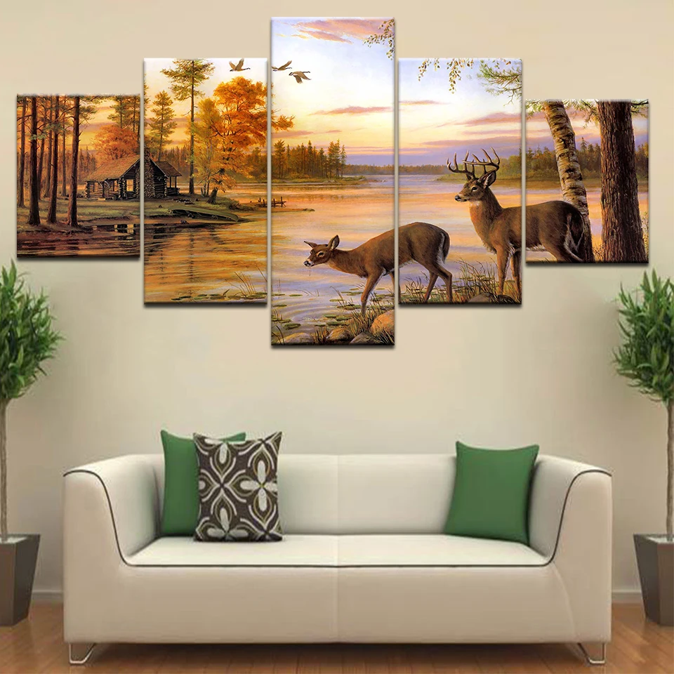 The deer in farm house Landscape Modern Canvas Wall Art 5 Panel HD Print For home living room