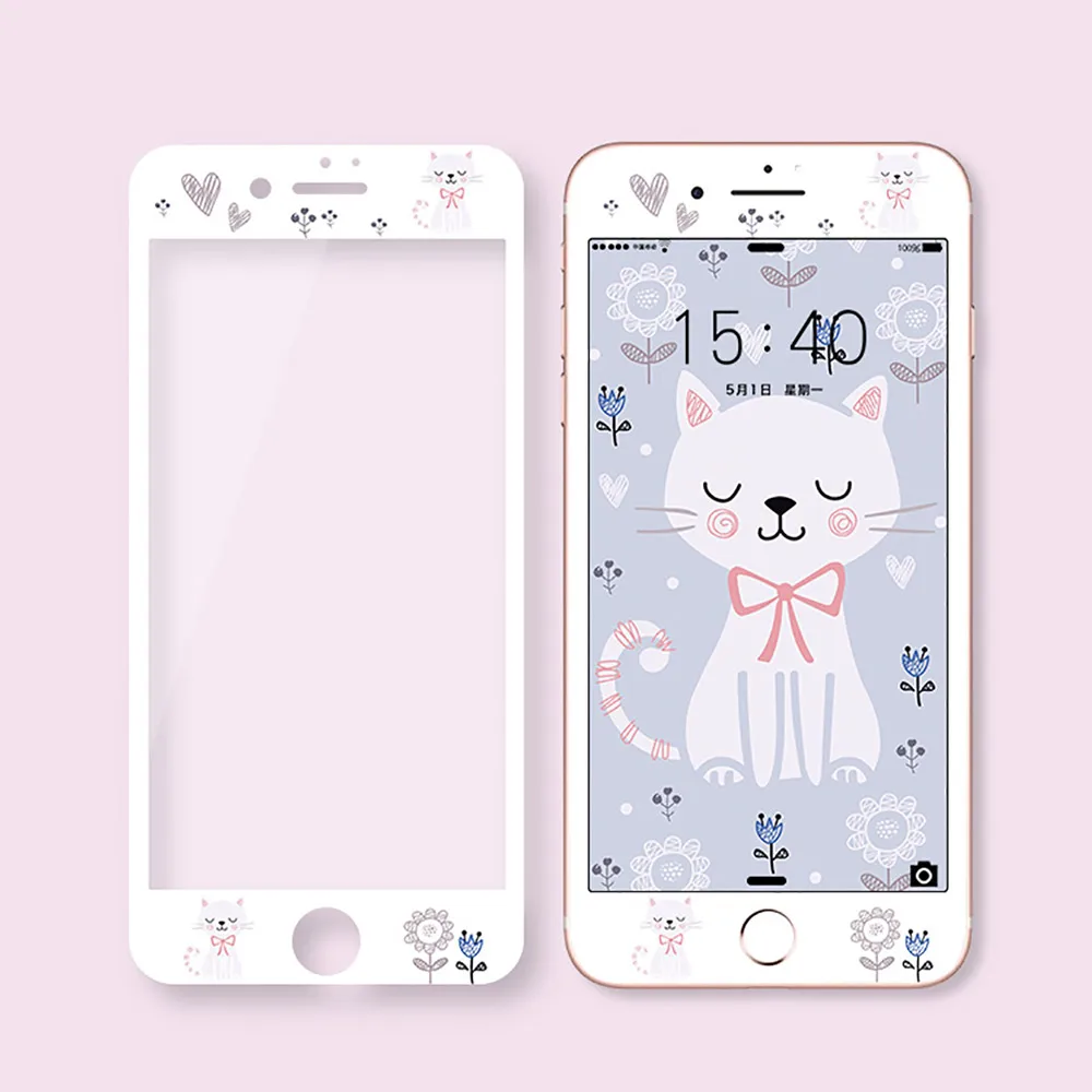 OTAO, новинка, 3D полное покрытие, закаленное стекло для iPhone 8, 7 Plus, мягкий край, цветной, 9 H, защита экрана, ударопрочная, HD защитная пленка - Цвет: Flower Cat