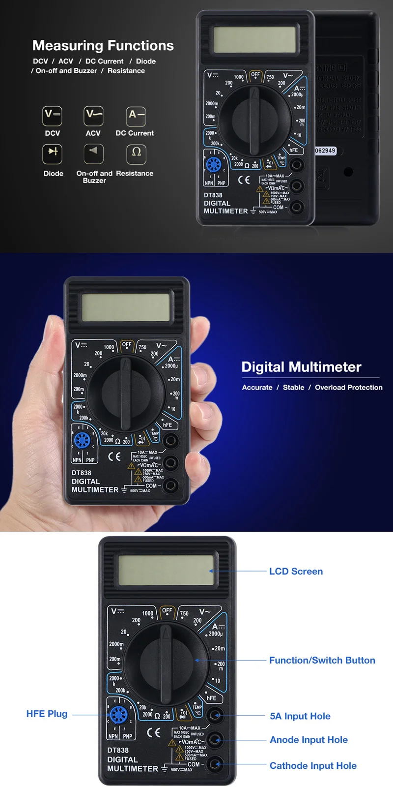 WHDZ DT838 LCD Digital Multimeter AC DC Voltage Current Diode Resistance Temperature Tester 