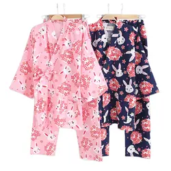 Весенняя сакура кролик кимоно пижамы наборы женщины 100% хлопок двойной марля пижама с длинным рукавом японские кимоно женщины