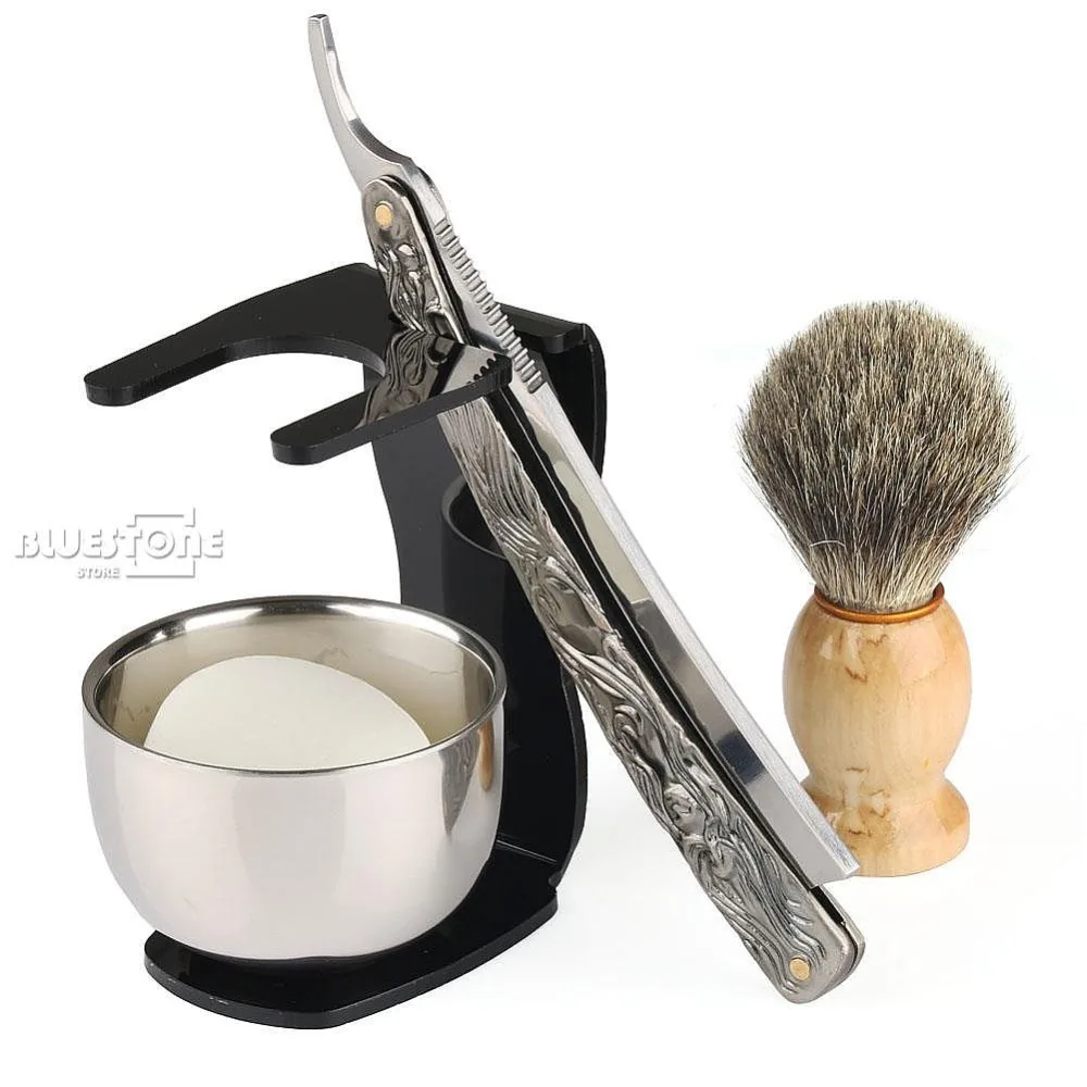 5 в 1 Мужской парикмахерский бритвенный набор, нож для бритья, прямая бритва+ щетка+ черная подставка+ чаша+ мыла