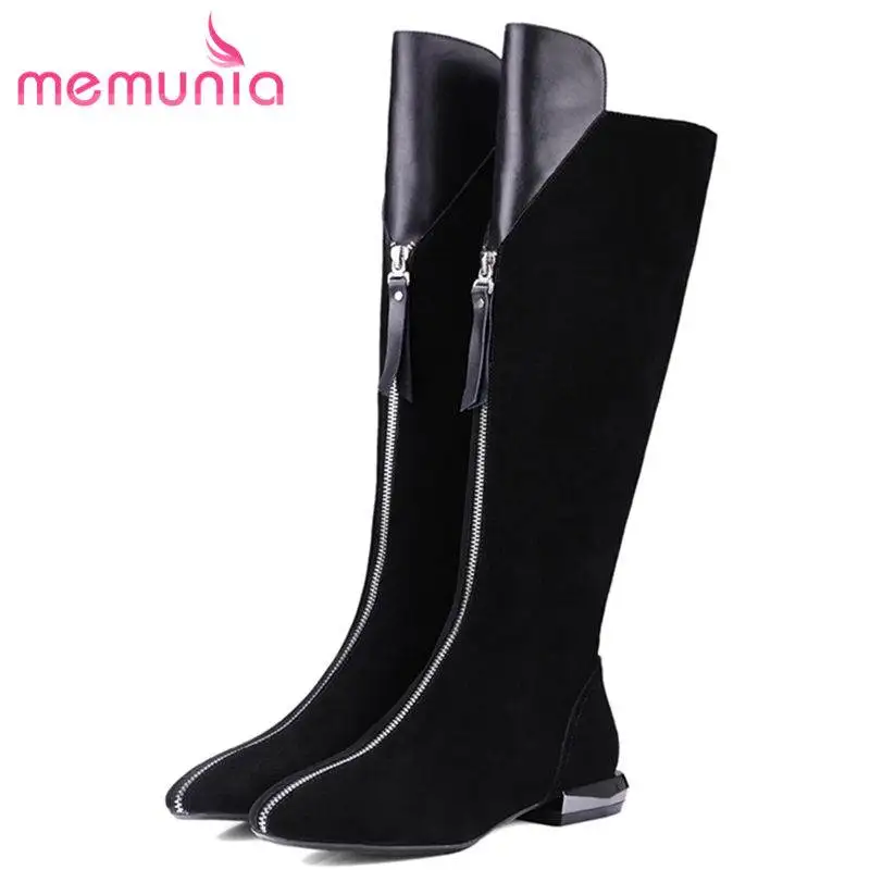 

MEMUNIA 2018 NEW fashion zipper cow suede leather boots square low heels knee high boots for women round toe winter boots