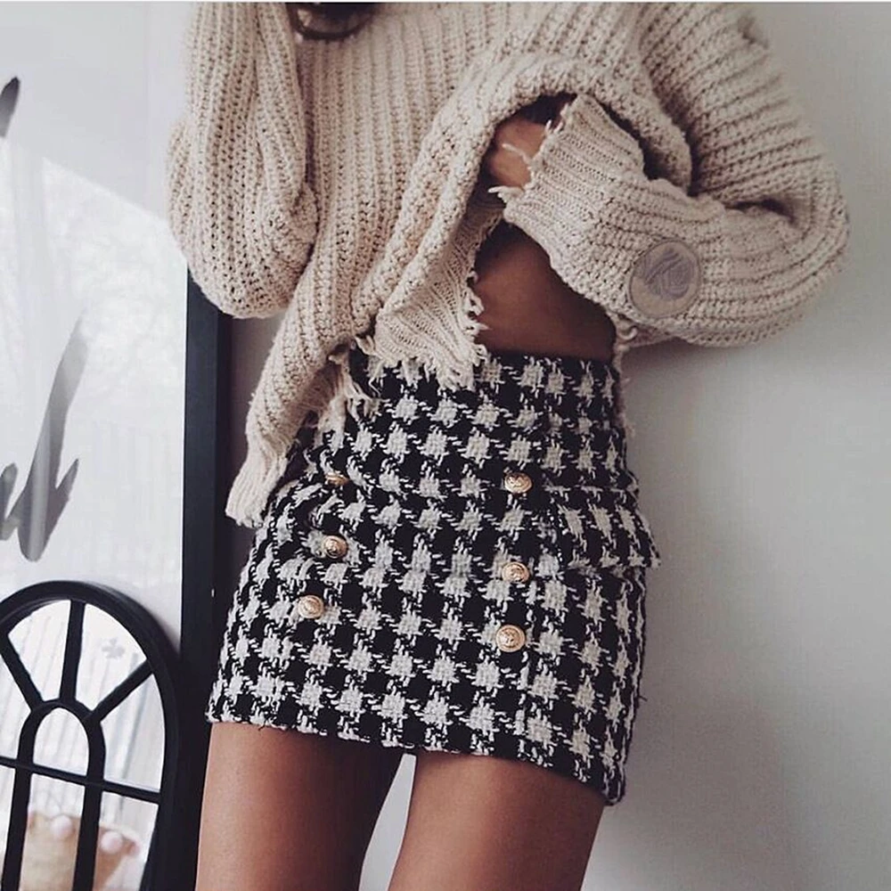 

2018 New Arrival Black Plaid Zipper Button Sexy Women Skirt Mini Clubwears Fashion Weave Pockets Party Night Out Wholesale Festa