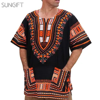 

SUNGIFT African Men's Top Dashiki African V Neck Ethnic Print Shirt For Men 2019 Male Summer Slim Fit T-Shirt Top 3 Colors