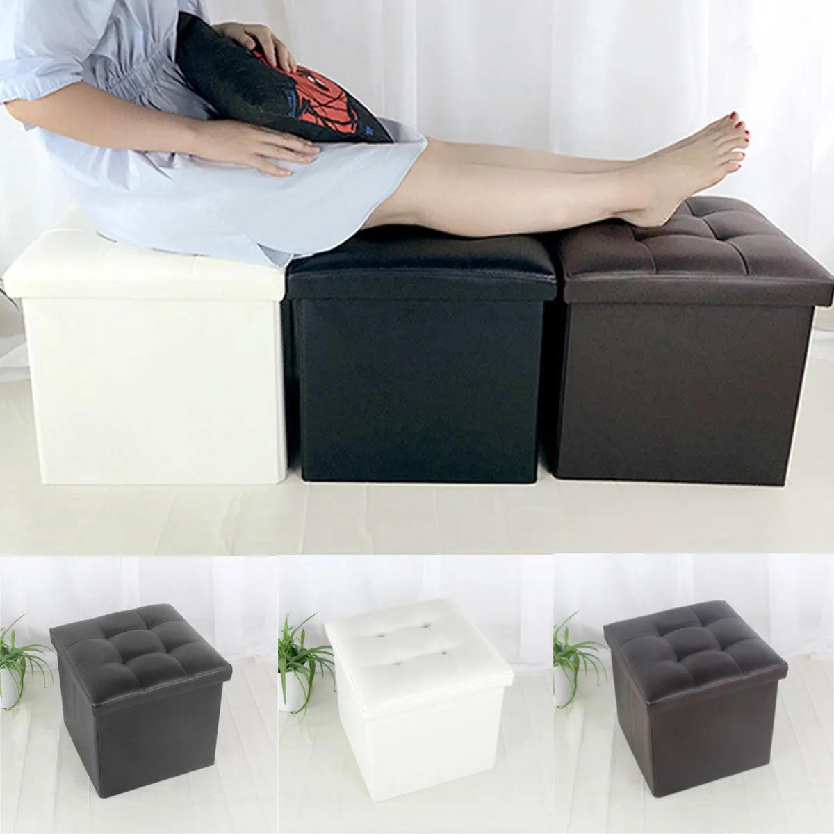

Leather Footstool Sofa Ottoman Folding Footrest Seat Lounge Simple Imitation Leather Footstool Home Room Storage Box Chair