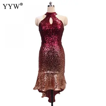 

Halter Sequin Dress Women Elegant Hollow Out Sparkle Party Dress Sexy Backless Bandage Bodycon Dress Ruffles Mermaid Dress