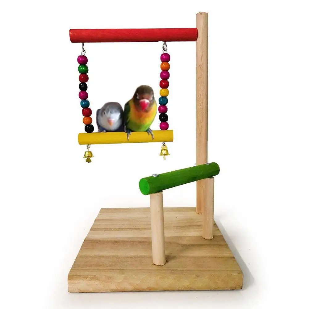 

45# New Colorful Wooden Parrot Hanging Swing Bell Toy Bird Perch Stand Bar Beads Pet Cage Decor Birds Playing Toy Random Color
