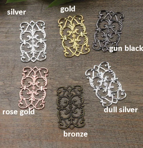 

100pcs 15x25mm rectangle 6 Colors brass Plated Copper Hollow Flowers piece Filigree Wraps Connectors Charm DIY Jewelry Findings