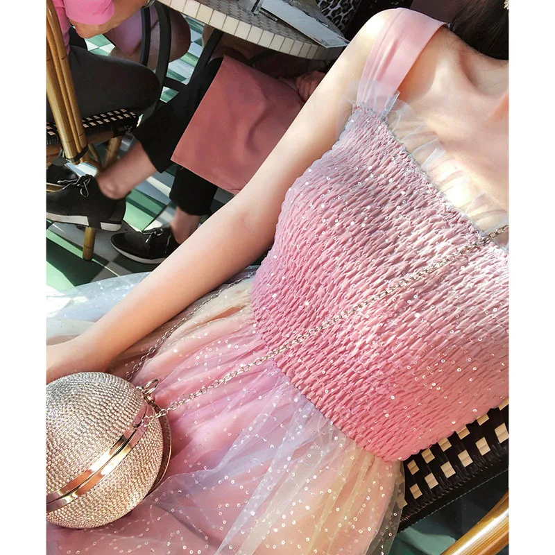 

Harajuku Casual Dress Women Clothes Fashion Mesh Chiffon Tutu Rainbow Dress Female Summer Beach Midi Sling Dresses Vestidos
