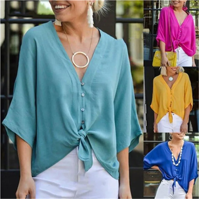 

Summer Chiffon Blouse Women V-Neck Loose Blouses Batwing Sleeve Solid Color Cardigan Shirt Half Sleeve Boho Clothing blusas 23